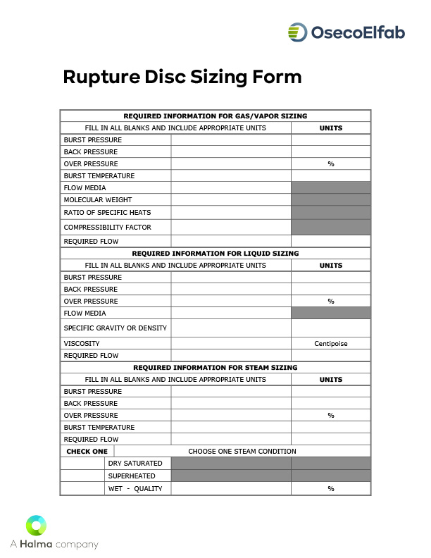 Rupture Disc Sizing Sheet