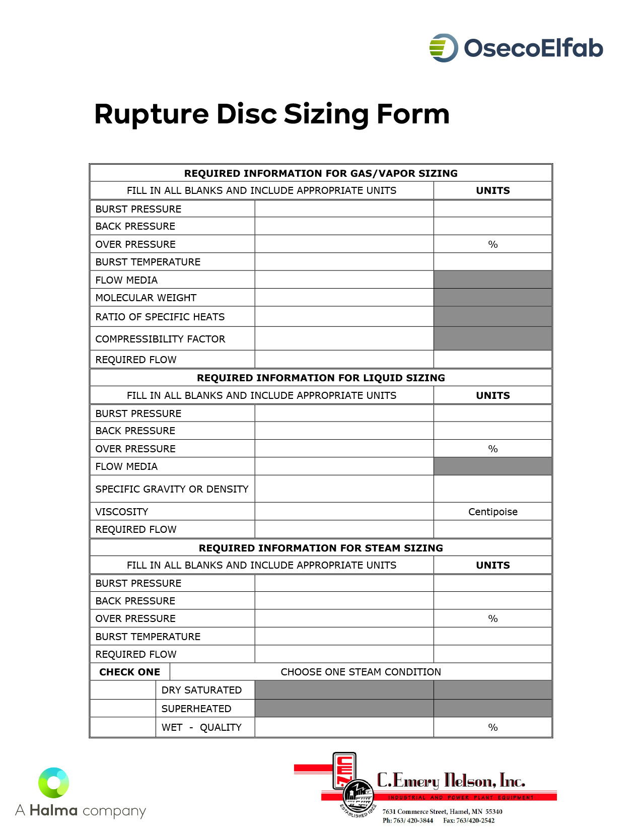 Rupture Disc Sizing Sheet